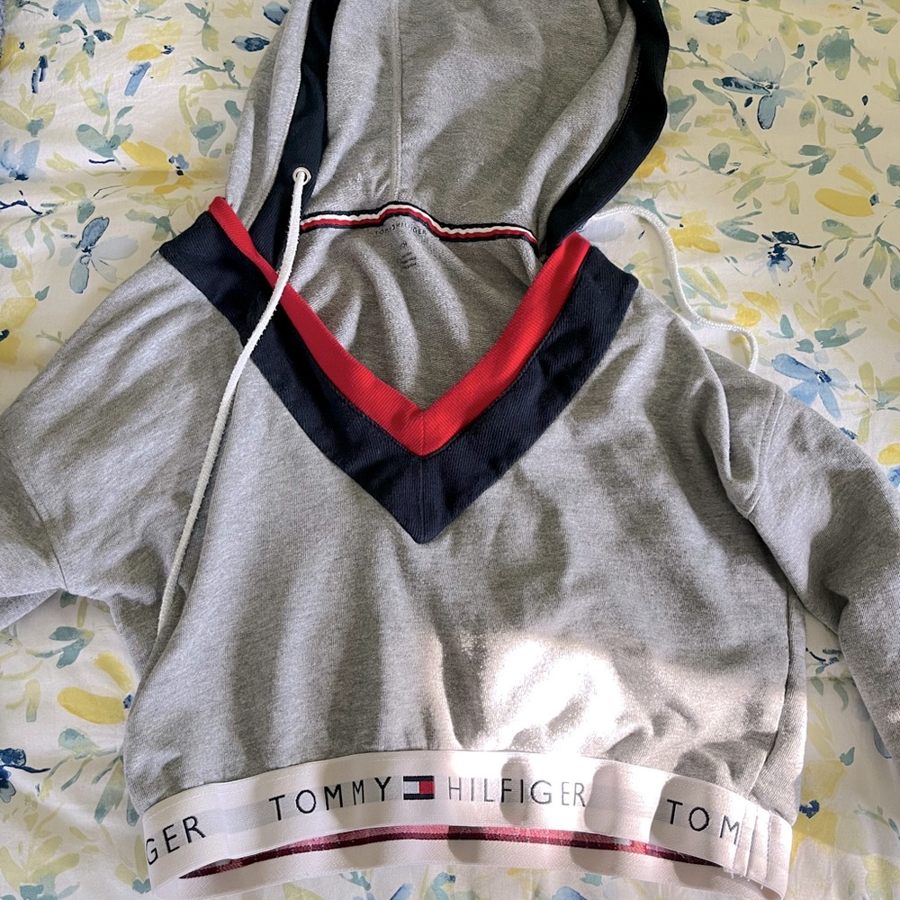 Tommy Hilfiger cropped hoodie, gray with red and blue accents, size small
